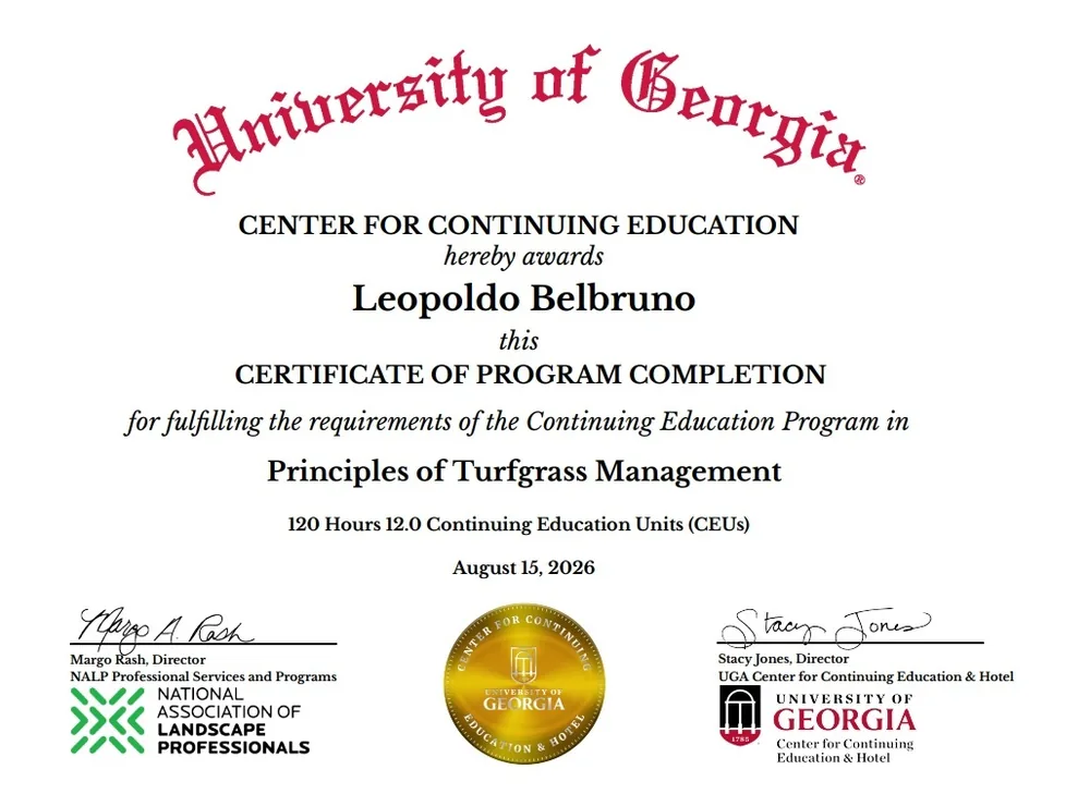 Certificado de la University of Georgia a nombre de Leopoldo Belbruno por el programa Principles of Turfgrass Management, 120 horas y 12 CEUs.